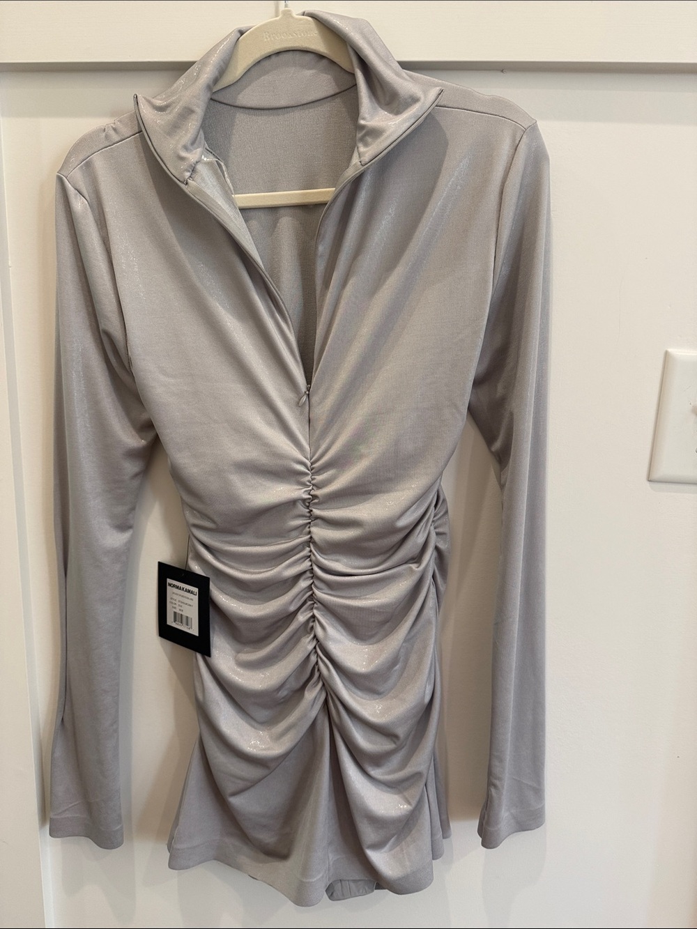 Norma Kamali Dove Shimmery Ruched Long-Sleeve Dress